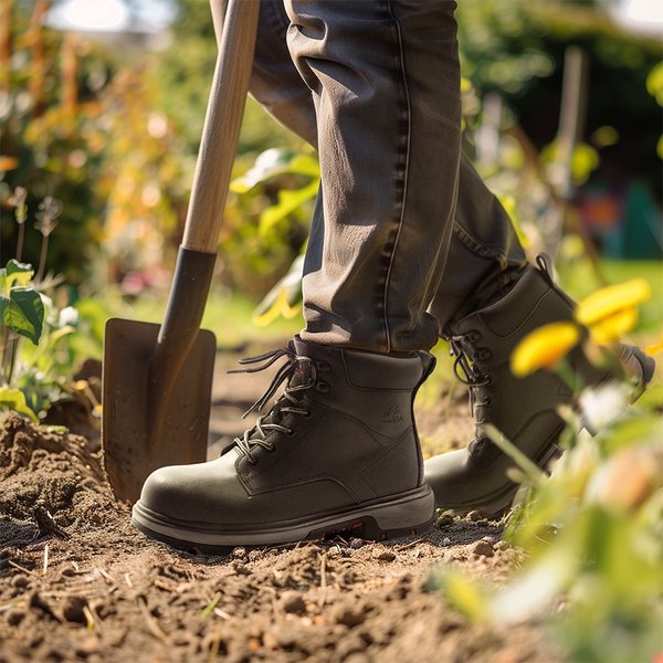 Men's Water-Resistant Steel Toe Leather Work Boots - BLACK - 8